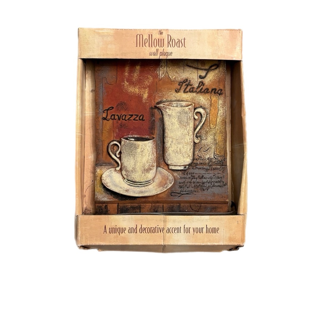 Coffee Mug and Saucer Wall Plaque - Blue, Red and Brown - Box has damage